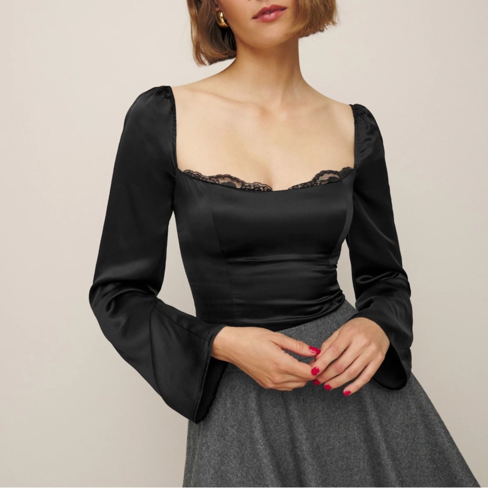 reformation rita black silk long sleeve top with lace neckline size 0